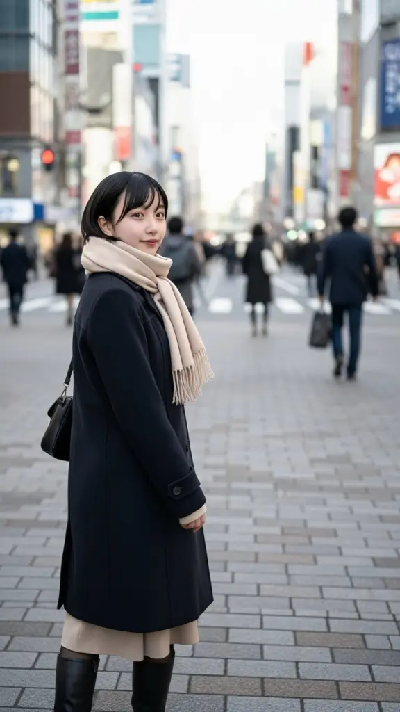 Japanese girl Chisato posing in Shinjuku night street, wearing a coat, high resolution AI art