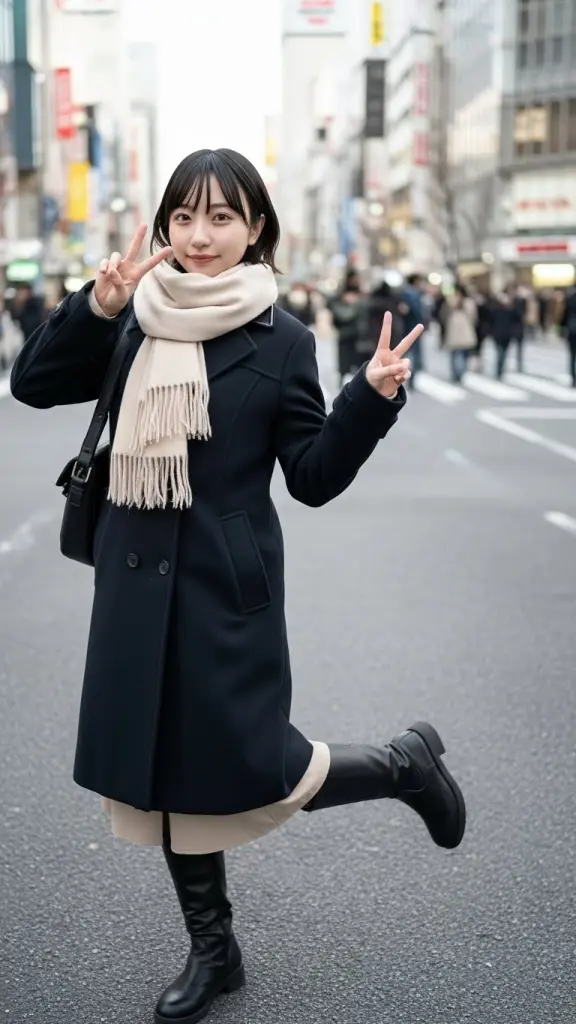 Japanese girl Chisato posing in Shinjuku night street, wearing a coat, high resolution AI art